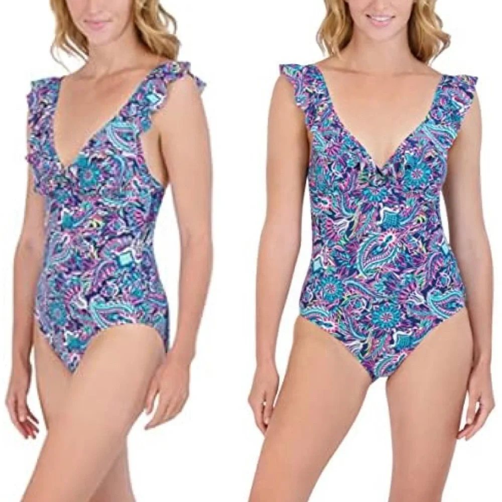 🆕 Caribbean Joe Swimsuit Women’s size 8 One Piece Paisley Bathing Suit NEW NWT